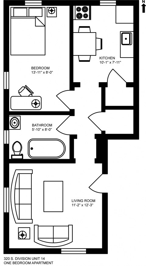 Floor plan for 1 bed, 1 bath, 500 sqft