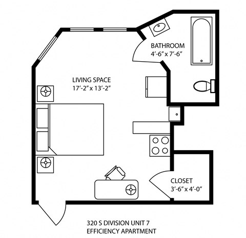 Floor plan for studio, 1 bath