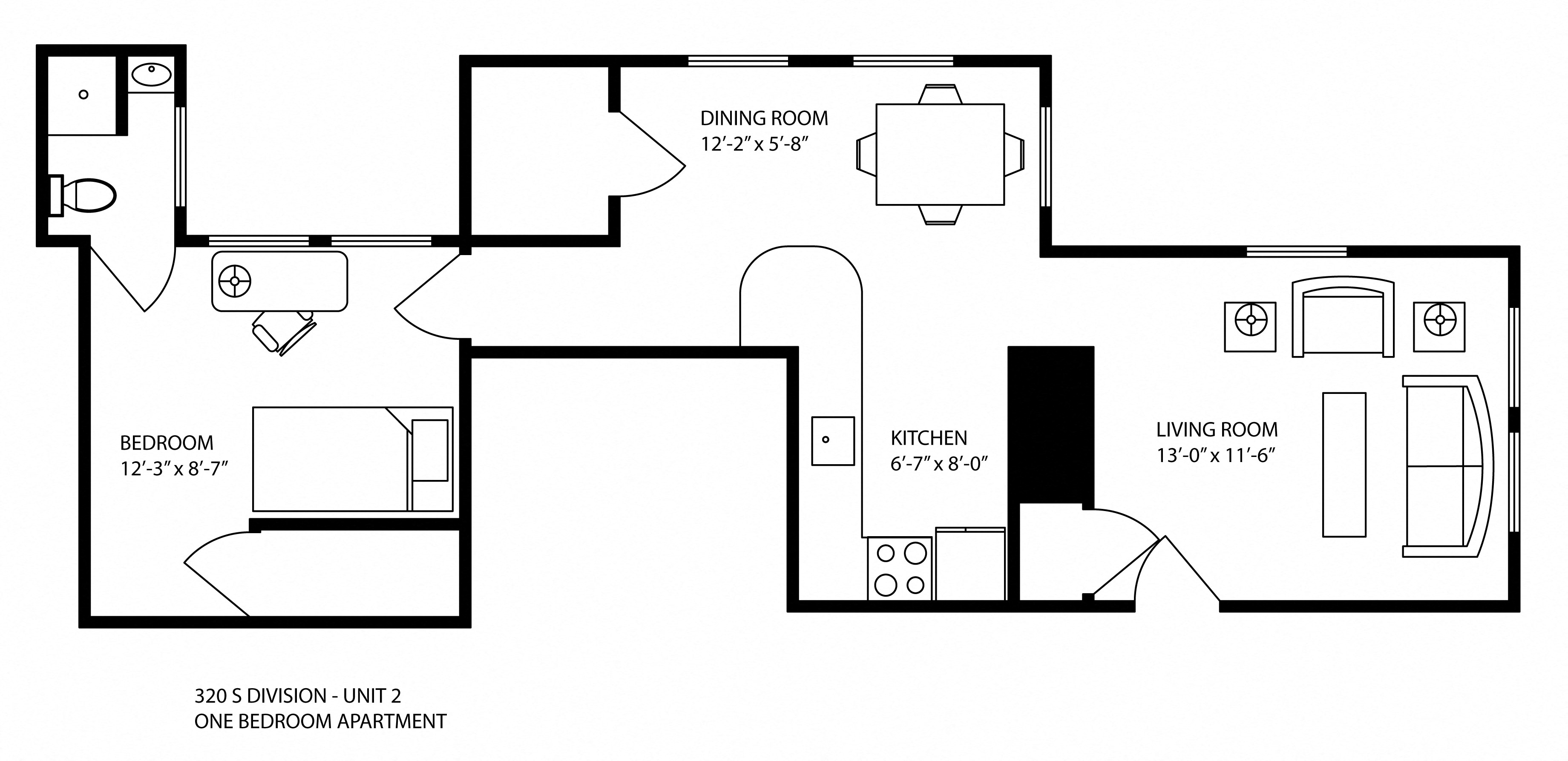 Floor plan for 1 bed, 1 bath, 800 sqft