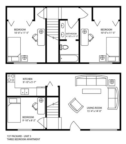 Floor plan for 3 beds, 1 bath, 840 sqft