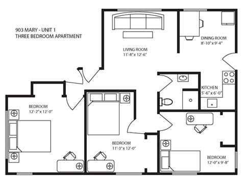 Floor plan for 1 bed, 1 bath, 500 sqft