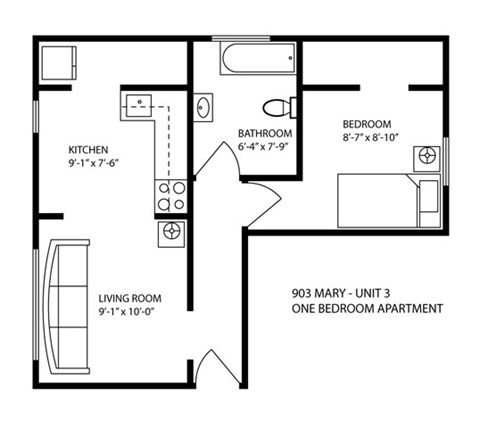 Floor plan for 3 beds, 1 bath, 800 sqft