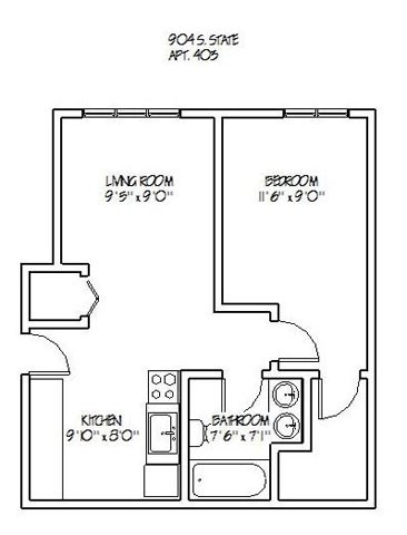 Floor plan for 1 bed, 1 bath, 650 sqft