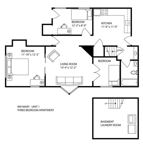 Floor plan for 3 beds, 1 bath, 800 sqft