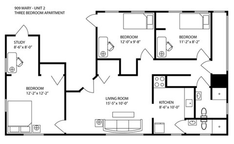 Floor plan for 3 beds, 2 baths, 1000 sqft