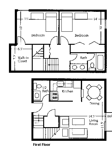 Floor plan for 2 beds, 1.5 baths, 900 sqft