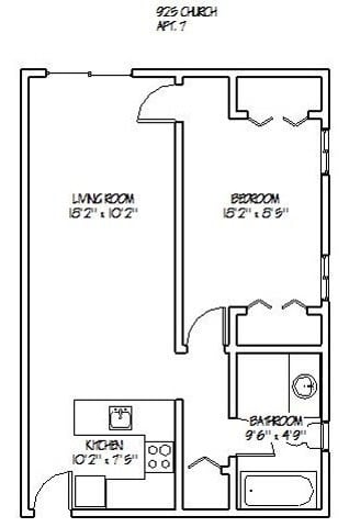 Floor plan for 2 beds, 1 bath, 800 sqft
