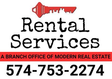 Logansport apartment for rent - A red and black logo for Rental Services, a branch office of Modern Real Estate, with a phone number below it.
