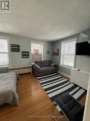 Brampton (Downtown Brampton) condo for rent - A bedroom with a bed, a couch, and a striped rug.