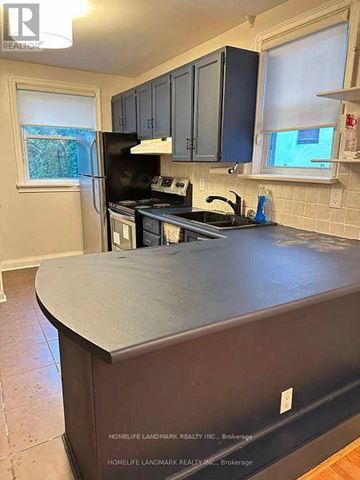 Toronto (Willowdale East) house for rent - A kitchen with a black refrigerator and cabinets.