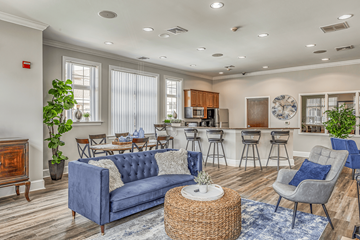 Allentown apartment for rent - A blue couch is in the middle of a living room with a wooden cabinet and a potted plant.