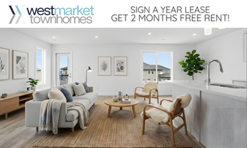 Regina apartment for rent - A living room with a couch, chairs, and a coffee table is shown in an advertisement for West Market Townhomes.