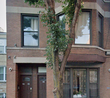 Chicago apartment for rent - A tree grows out of a window well on the side of a brick building.