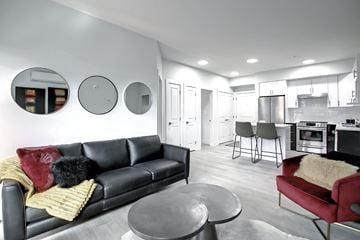 Edmonton apartment for rent - A black leather couch with a yellow throw blanket sits in a modern living room.