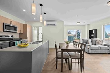 Riverview apartment for rent - A modern kitchen with a dining table and chairs.