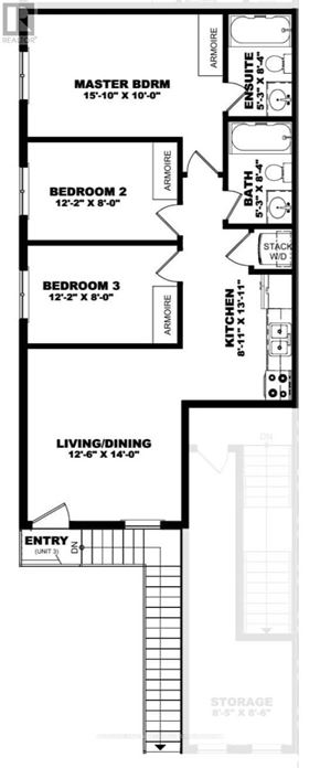 St. Catharines (E. Chester) apartment for rent - A floor plan of a house with a master bedroom, two additional bedrooms, a living/dining area, and a kitchen.