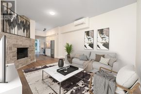 Oro-Medonte (Hawkestone) multi-family for rent - A modern living room with a fireplace and a grey couch.