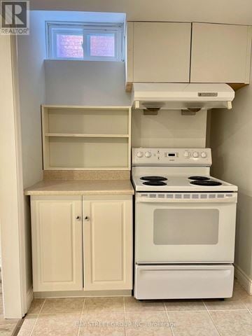 Richmond Hill (Doncrest) apartment for rent - A white stove and oven in a kitchen with a window above it.