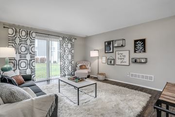 Canton apartment for rent - A living room with a white rug and a grey couch.