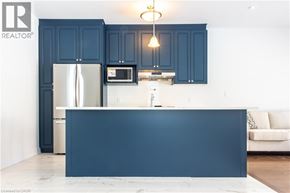 Kitchener apartment for rent - A kitchen with dark blue cabinets and a white counter.