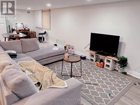 Toronto (Newtonbrook East) apartment for rent - A living room with a grey couch, a black TV, and a grey and white patterned rug.