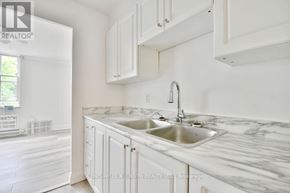 Barrie (Wellington) multi-family for rent - A white kitchen with a marble countertop and a sink.