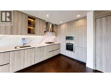 Burnaby apartment for rent - A modern kitchen with wooden cabinets and a marble countertop.