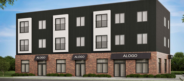 Shediac apartment for rent - A black and white building with the word "ALOGO" on the front.