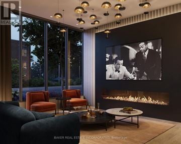 Burlington (Lasalle) condo for rent - A modern living room with a fireplace and a large painting on the wall.