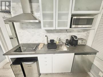 Toronto (Kensington-Chinatown) townhouse for rent - A kitchen with a stove top oven, microwave, and a dishwasher.
