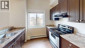 Grande Prairie apartment for rent - A kitchen with brown cabinets and a stove top oven.