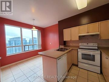 Toronto (Willowdale East) condo for rent - A kitchen with red walls and white appliances.