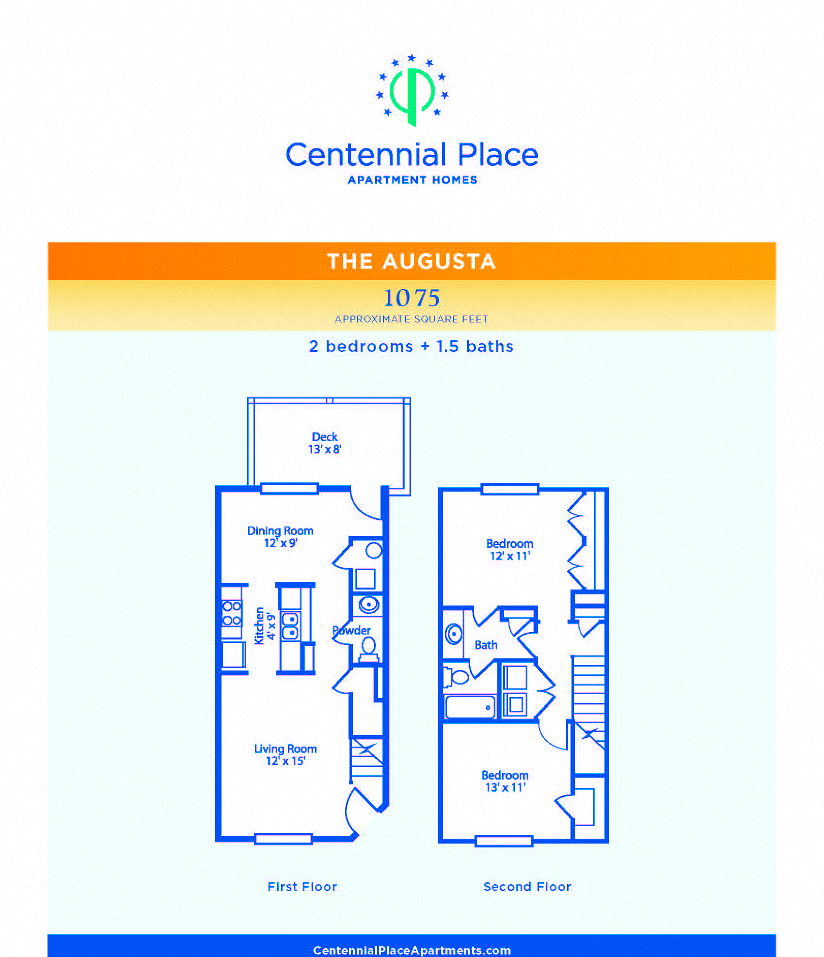 Floor plan for 2 beds, 1.5 baths, 1057 sqft