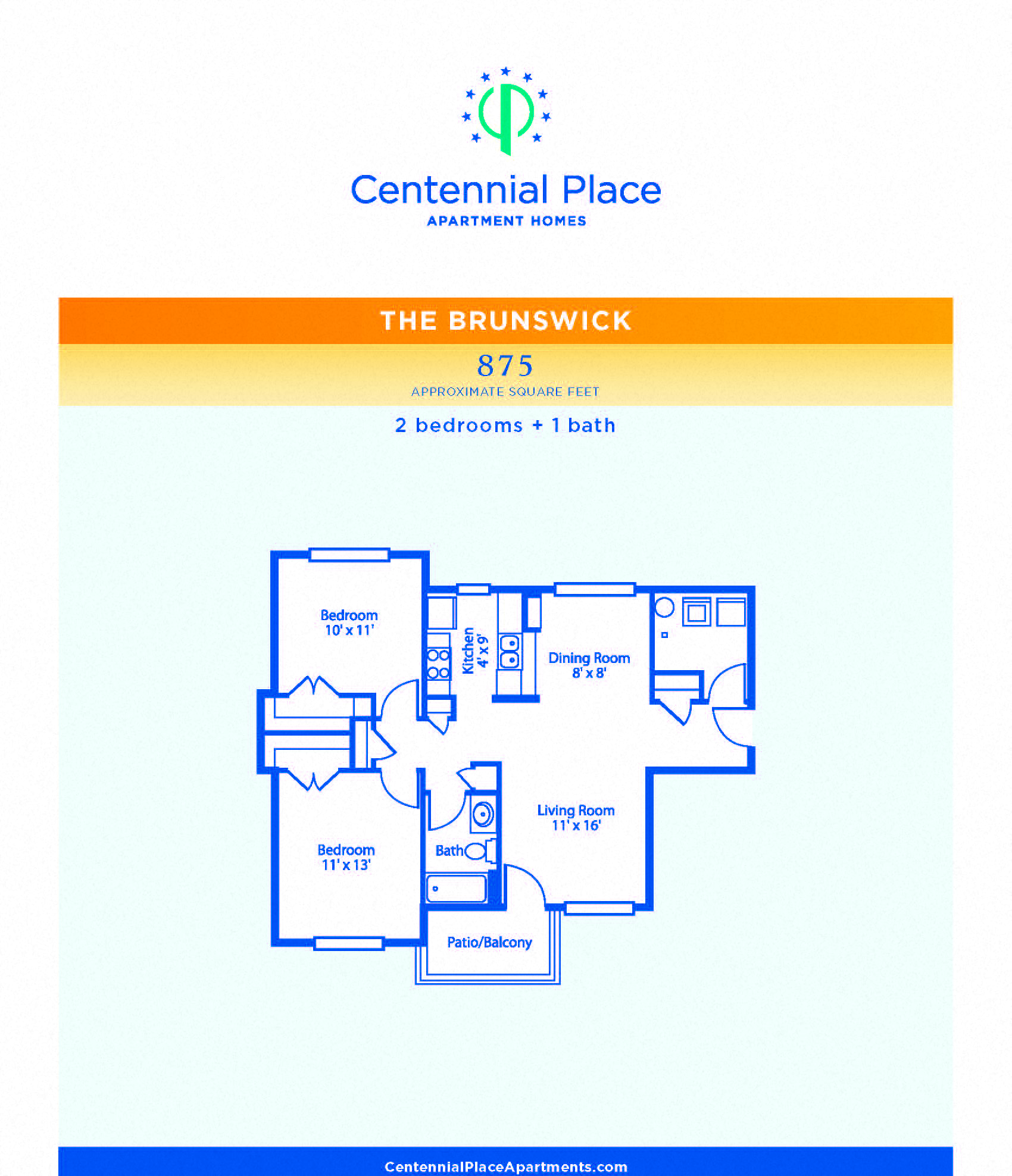 Floor plan for 2 beds, 1 bath, 1093 sqft