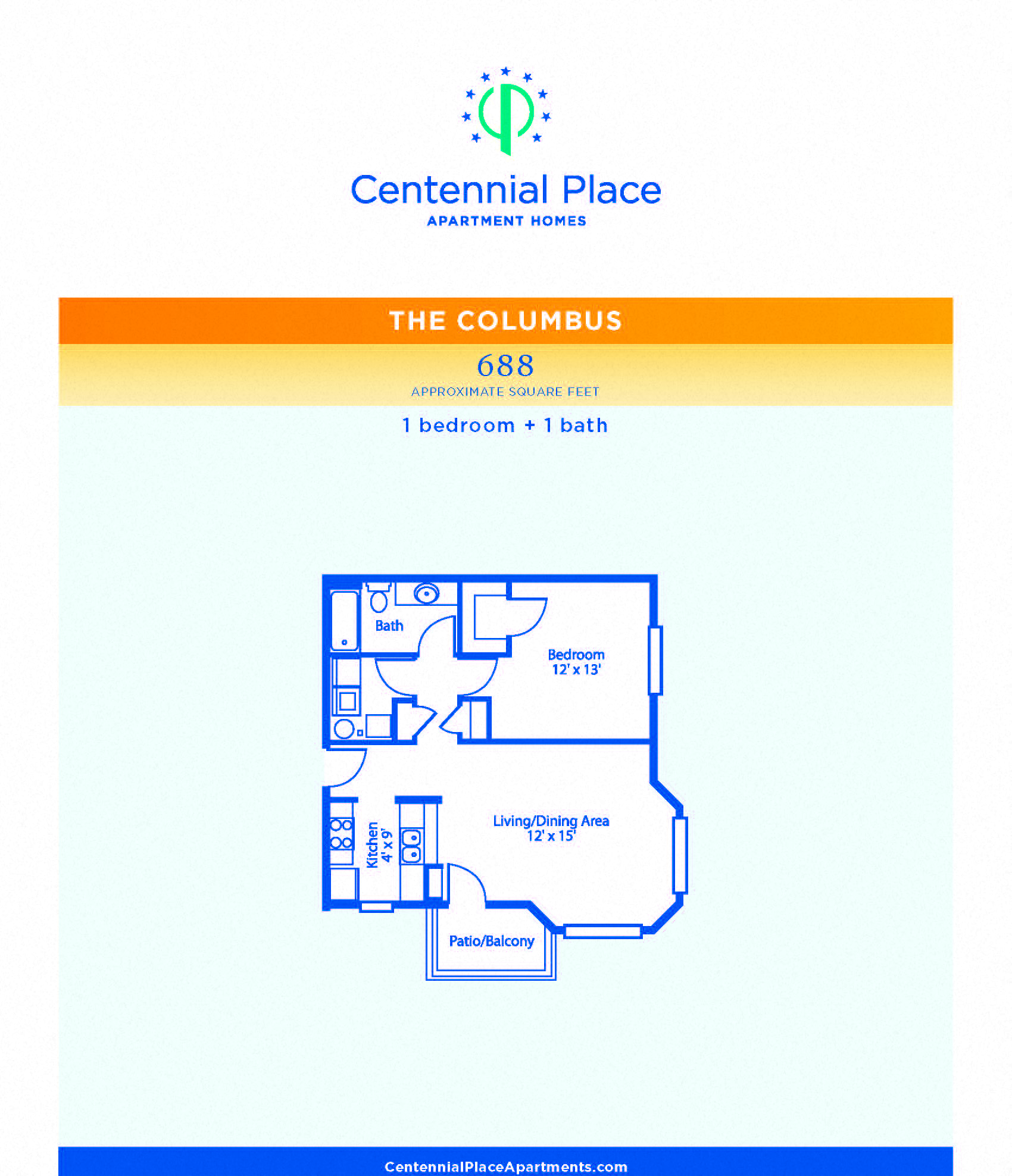 Floor plan for 1 bed, 1 bath, 688 sqft