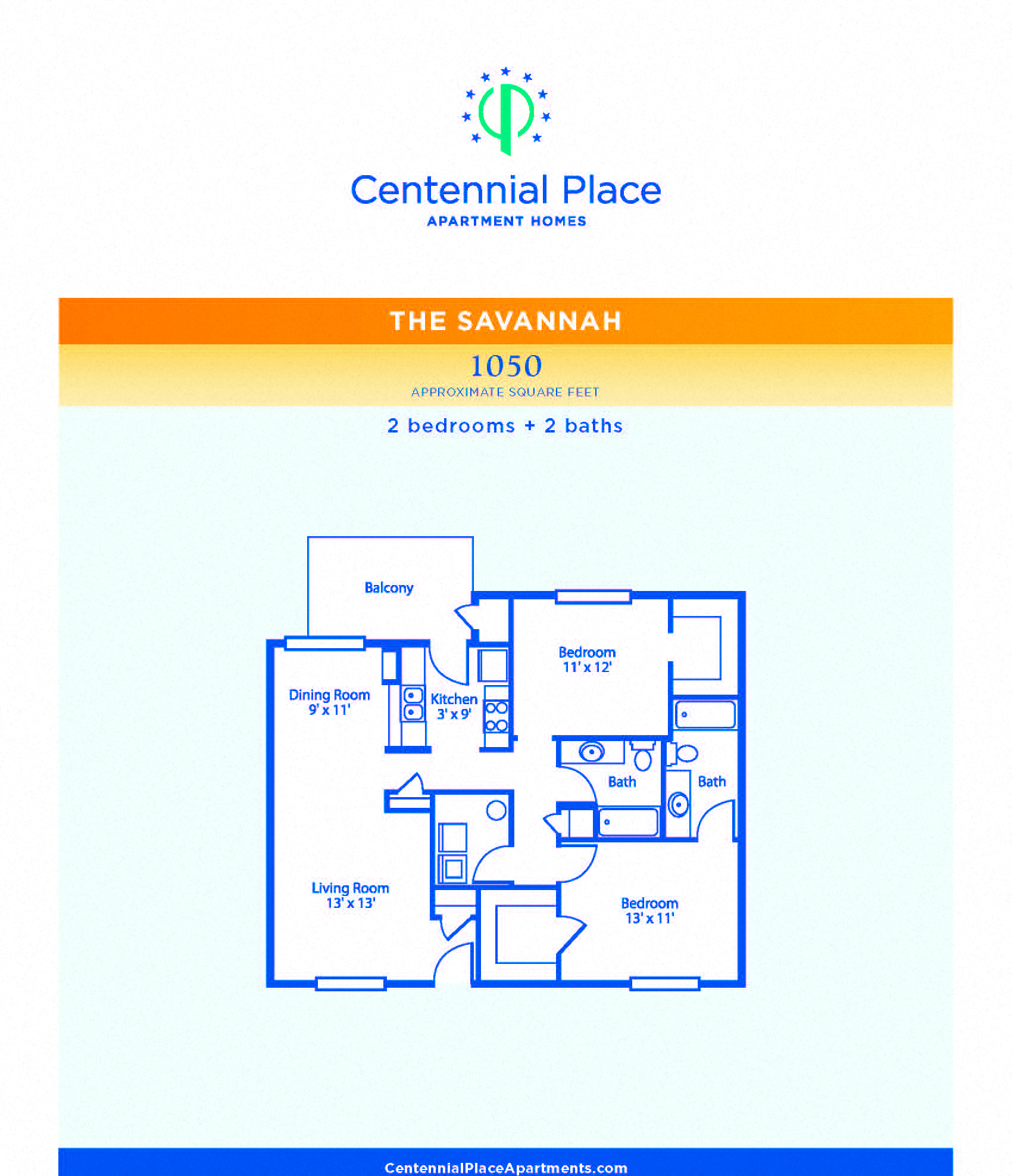 Floor plan for 2 beds, 2 baths, 1102 sqft