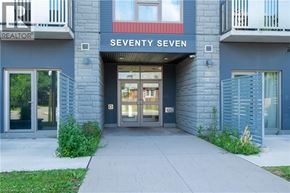 Hamilton condo for rent - The front of a building with the name Seventy Seven on it.