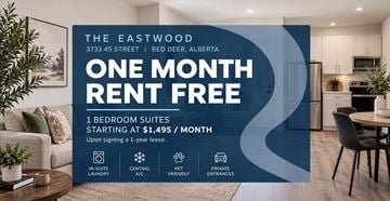 Red Deer apartment for rent - A promotional image for The Eastwood apartment complex, offering one month free rent for a 1 bedroom suite.