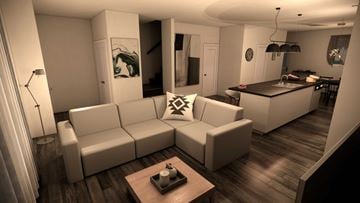 Red Deer apartment for rent - A modern living room with a white sofa and a coffee table.