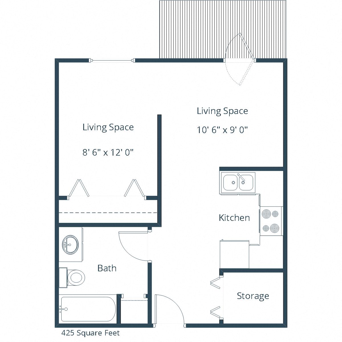 Floor plan for studio, 1 bath, 425 sqft