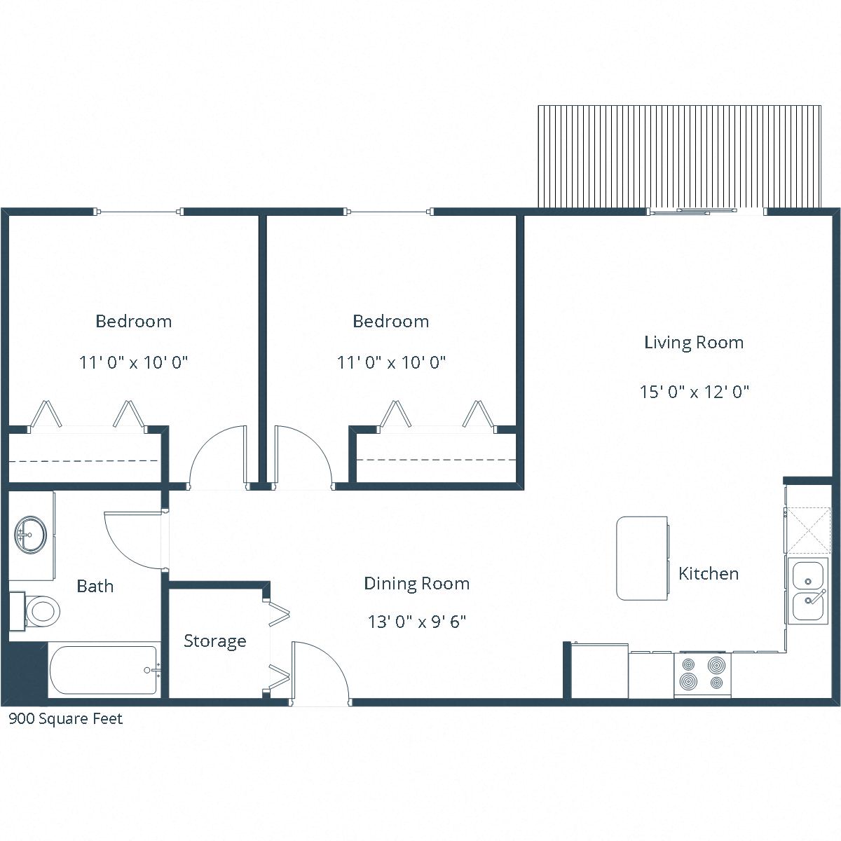 Floor plan for 2 beds, 1 bath, 895 sqft