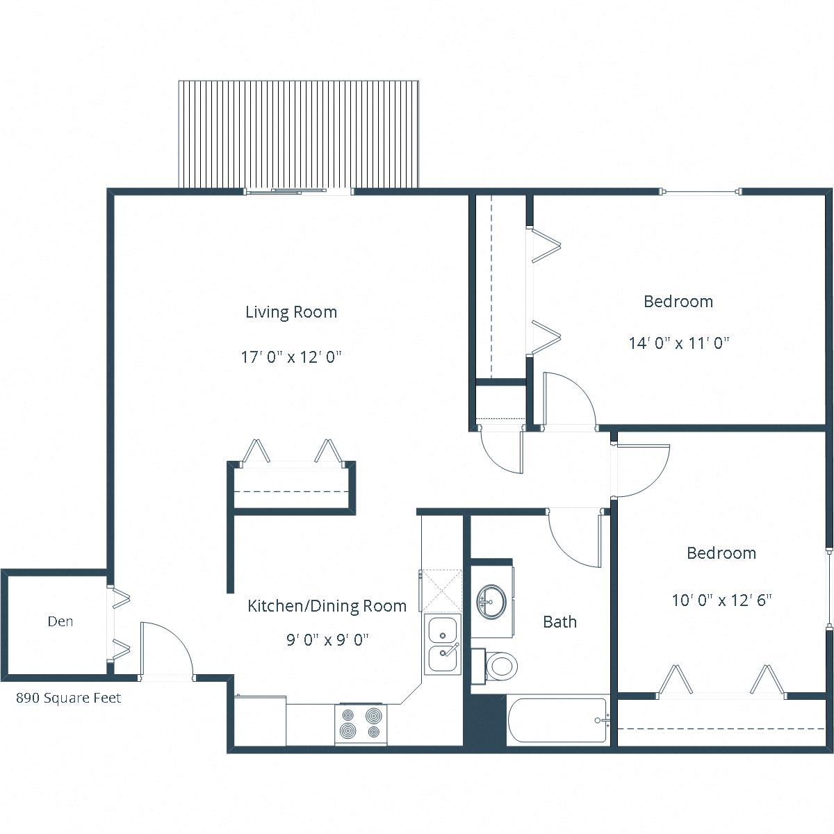 Floor plan for 2 beds, 1 bath, 885 sqft