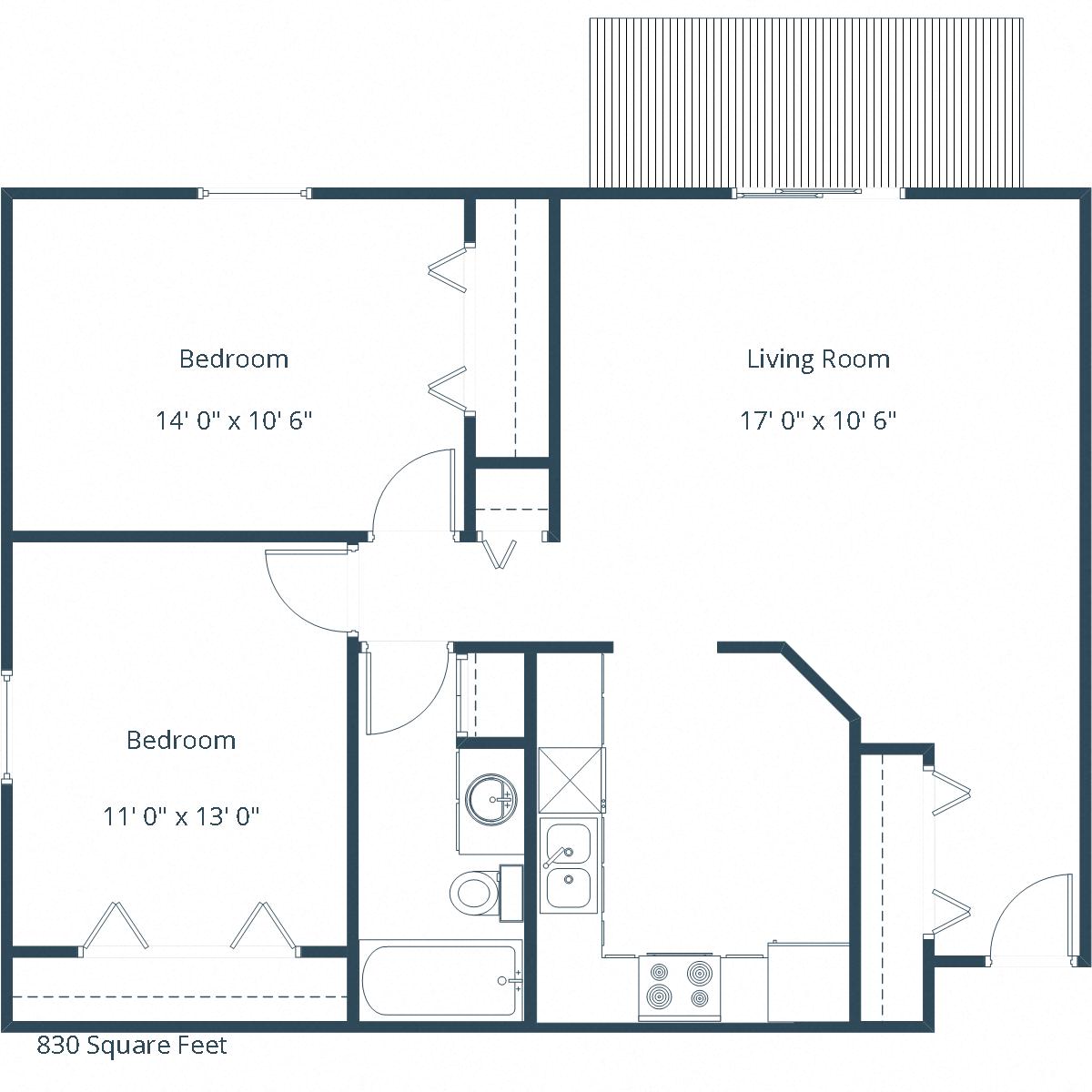 Floor plan for 2 beds, 1 bath, 855 sqft