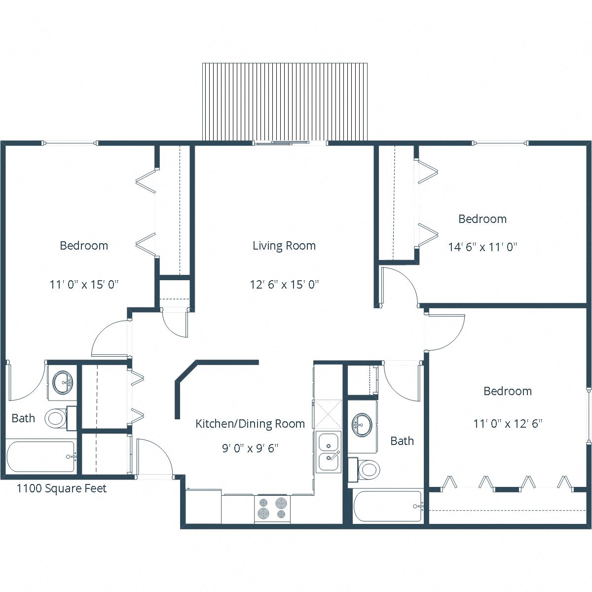 Floor plan for 3 beds, 2 baths, 1100 sqft