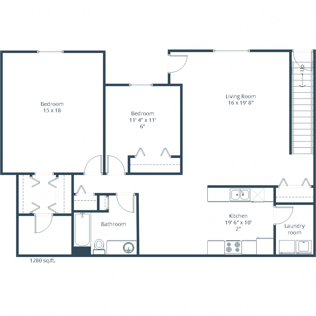 Floor plan for 2 beds, 1 bath, 1277 sqft