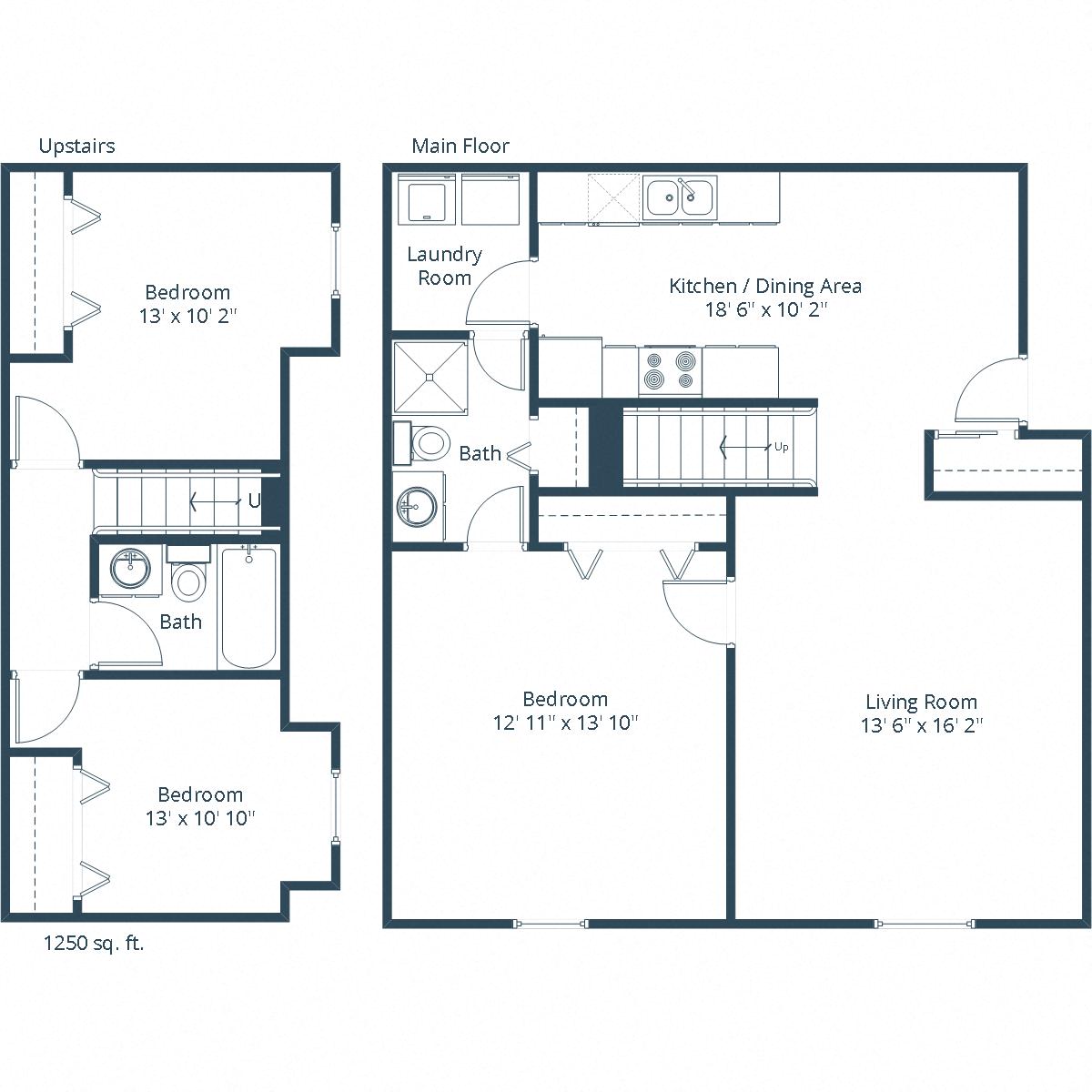 Floor plan for 3 beds, 1.8 baths, 1250 sqft