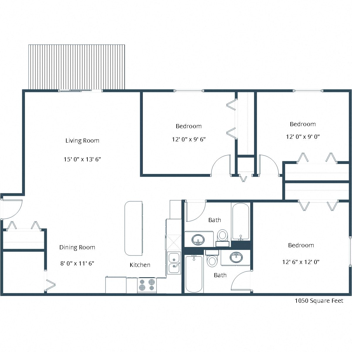 Floor plan for 3 beds, 2 baths, 1050 sqft
