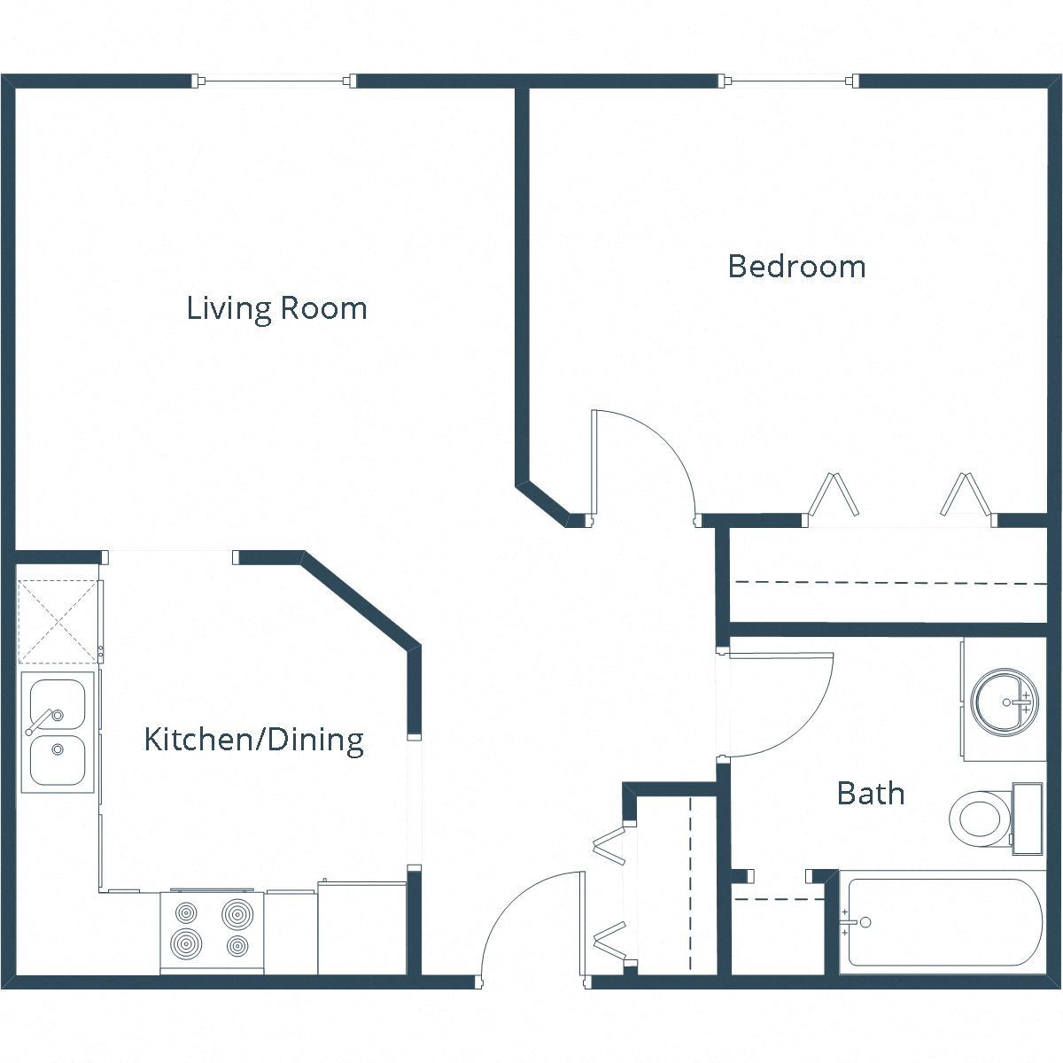 Floor plan for 1 bed, 1 bath, 600 sqft