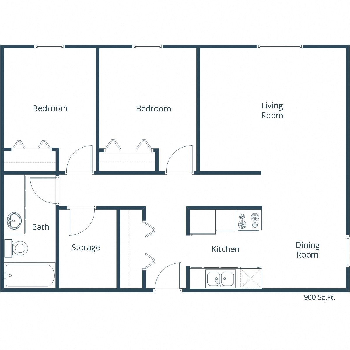 Floor plan for 2 beds, 1 bath, 900 sqft