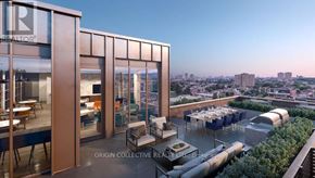 Toronto (Weston-Pellam Park) condo for rent - A modern building with a glass facade and a balcony with outdoor furniture.